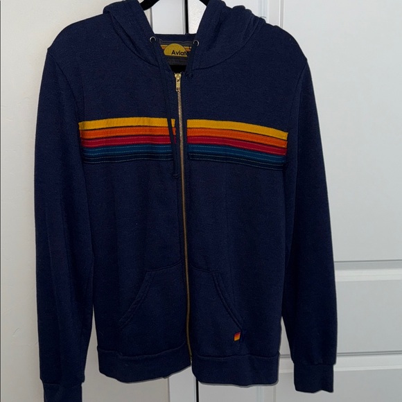 Aviator Nation Navy Blue Hooded Sweater with Multicolor Stripes sz Large - Picture 8 of 14